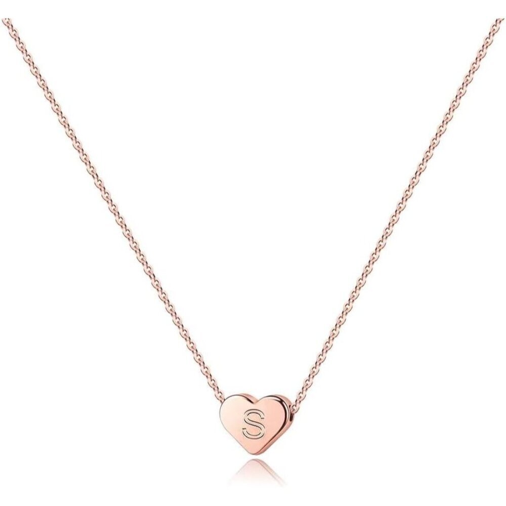 Tiny Heart Initial Necklaces for Girls - 14K Rose Gold Filled Heart Pendant Hand